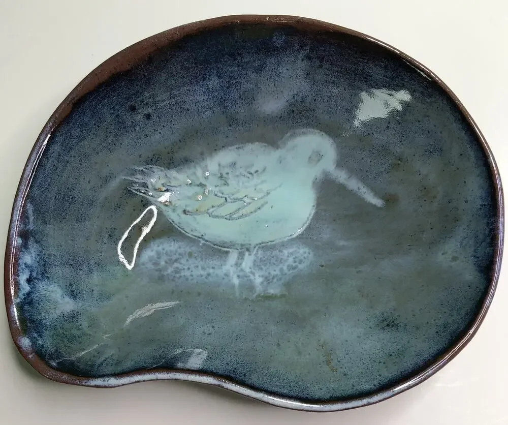 Vintage MCM Freeform DISH Bowl Studio Art Pottery w/ BIRD Blue Glaze Signed M V